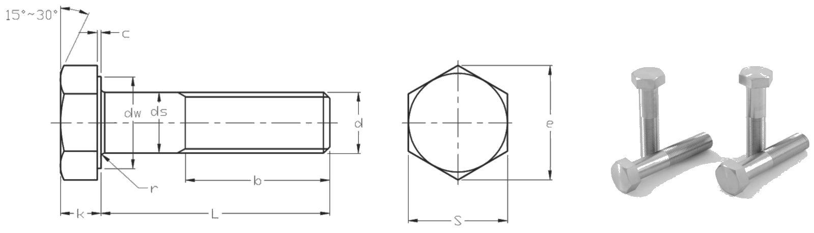 Baut kepala segi enam dengan ulir pitch halus